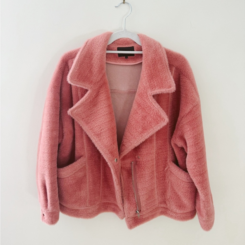 FRNCH Pink Fuzzy Fur Moto Jacket